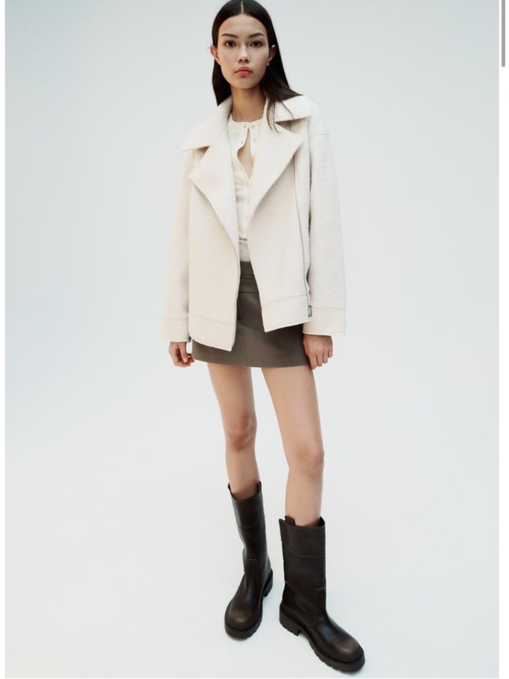 New Zara Outerwear Wool Boucle Oversized Moto Utility Coat Jacket Small Cream